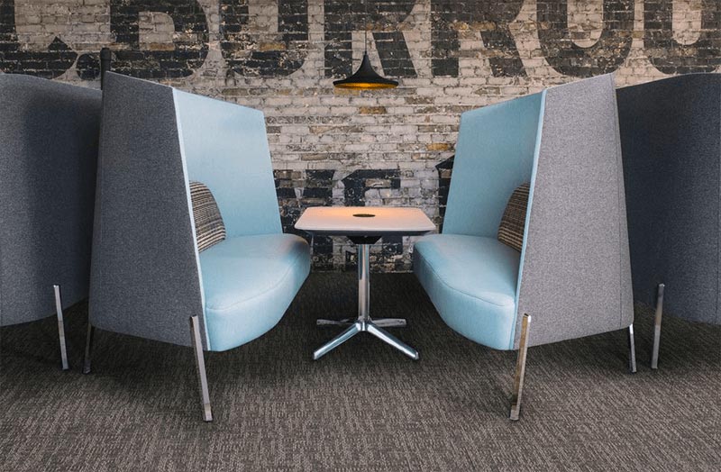 Modern design booth with small table, high wall blue and gray booths